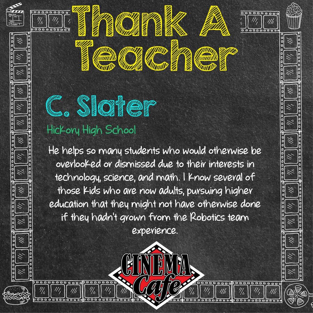 Our next #ThankATeacher2023 Honoree: C. Slater from Hickory High School

Great teachers make lasting impressions. We're proud to reward your hard work with TWELVE MONTHS of movies. Thank you for being a GREAT teacher, Mr. Slater! We look forward to seeing you at the movies.
…