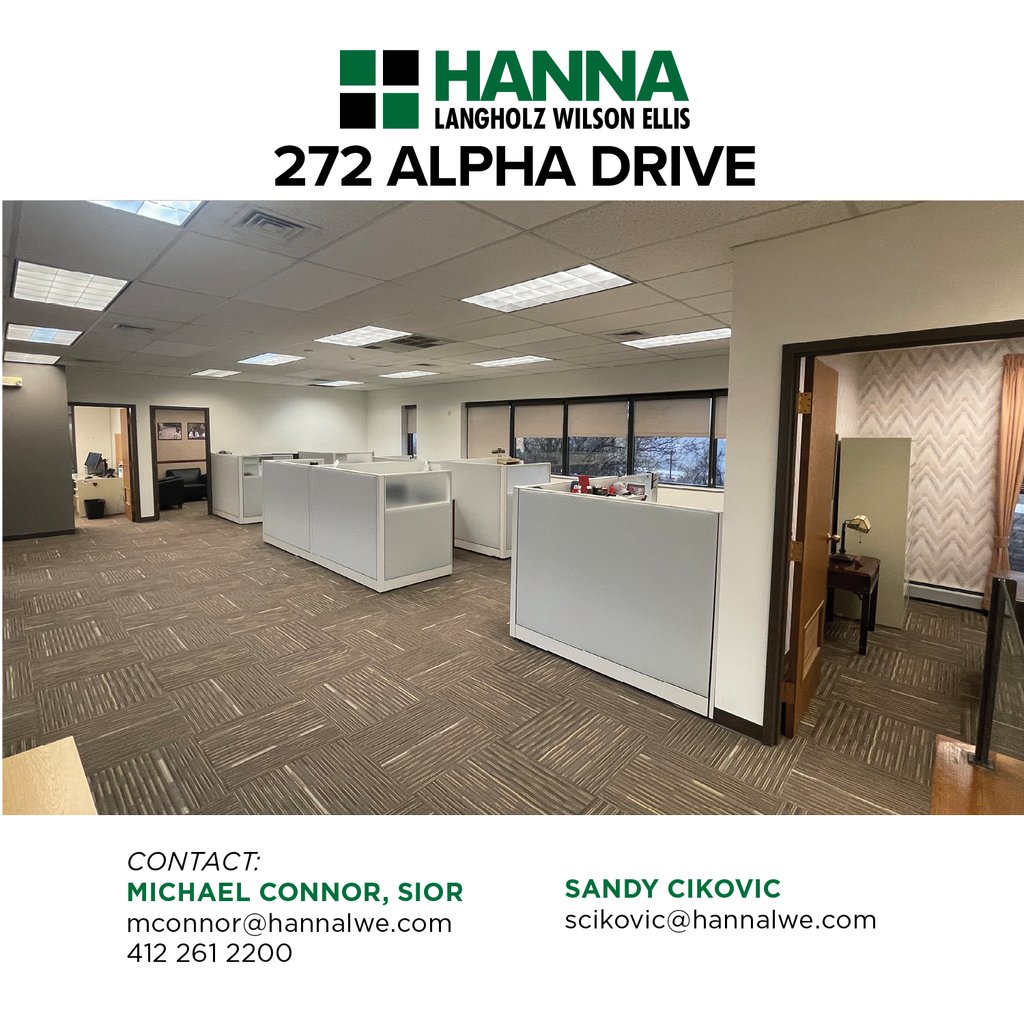 Excited to announce our newest listing: 272 Alpha Drive
•6,400 SF Available For Sale or Lease on 1.22 acres
•Several private offices, open office areas, conference room, 
        kitchenette, storage areas
Contact Mike Connor, SIOR or Sandy Cikovic for more details!