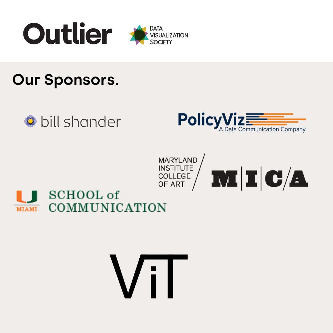 We would like to express deep gratitude to our sponsors. Their support helped us to make #outlier2023 a success. Fundació VIT <a href="/fndViT/">Visualization for Transparency Foundation</a>, Maryland Institute College of Art, <a href="/mica/">Maryland Institute College of Art</a> @micaopenstudies, U of Miami School of Communication <a href="/UMSoC/">UMSoC</a>, @policyviz and <a href="/billshander/">Bill Shander 🇺🇦</a>. 

THANK YOU!
