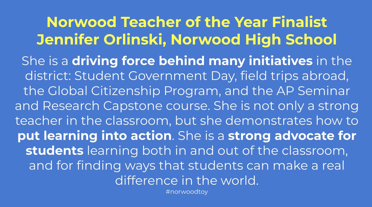 .<a href="/Norwood_HS/">Norwood High School</a>' Jennifer Orlinski is the fourth finalist for the 2023 Norwood Teacher of the Year Award. One more finalist will be announced tomorrow - our reception for all nominated teachers is Friday. Congratulations Jennifer! <a href="/NorwoodSchools/">NPS</a> #norwoodtoy