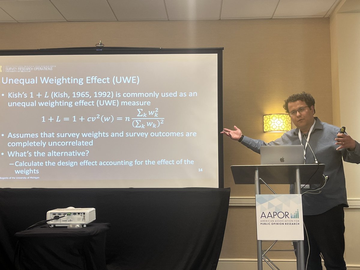 This morning at #aapor, <a href="/rnishimura/">Raphael Nishimura</a> talking about his favorite topic — a better way to measure the effect of survey weights on estimates of uncertainty