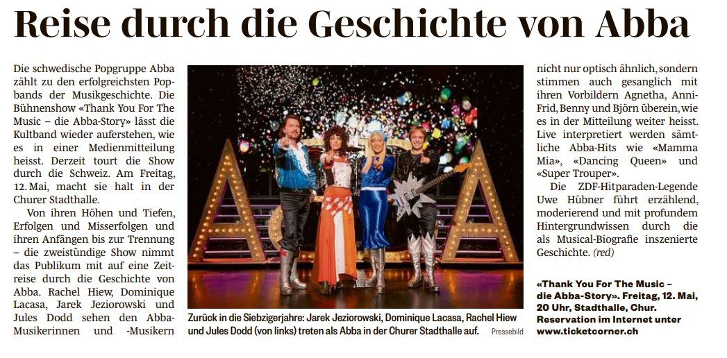 NiceTimeProduc's tweet image. Südostschweiz Zeitung vom 8. Mai 2023. Es hat noch Tickets zu der ABBA-Story am Fr. 12. Mai 2023 in der Stadthallt Chur. NiceTime.ch