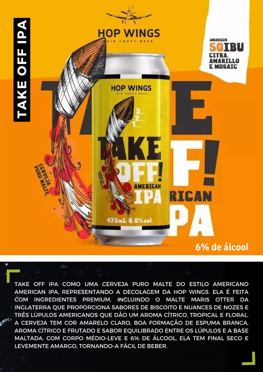 ferbrito_ofc's tweet image. Take Off IPA é uma American IPA puro malte da Hop Wings de São José dos Campos. Feita com ingredientes premium e 3 lúpulos americanos, notas florais e de frutas amarelas, sabor frutado e tropical com notas de biscoito, corpo médio-leve, 6% de álcool #cerveja #sjcampos #hopwings