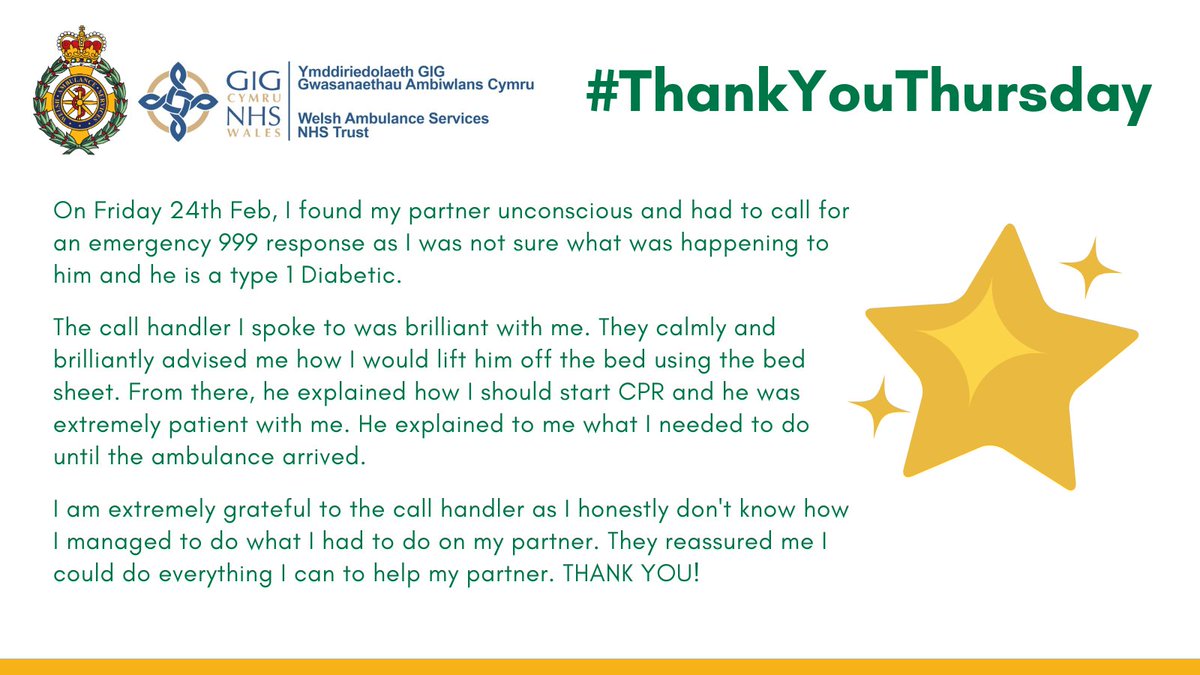 A 999 call handler @WelshAmbulance receives thanks in this week's #ThankYouThursday. 

They are thanked for 'calmly and brilliantly' advising the caller how to perform CPR and helping the caller do everything they could to help their partner.

#RemarkablePeople #TeamWAST