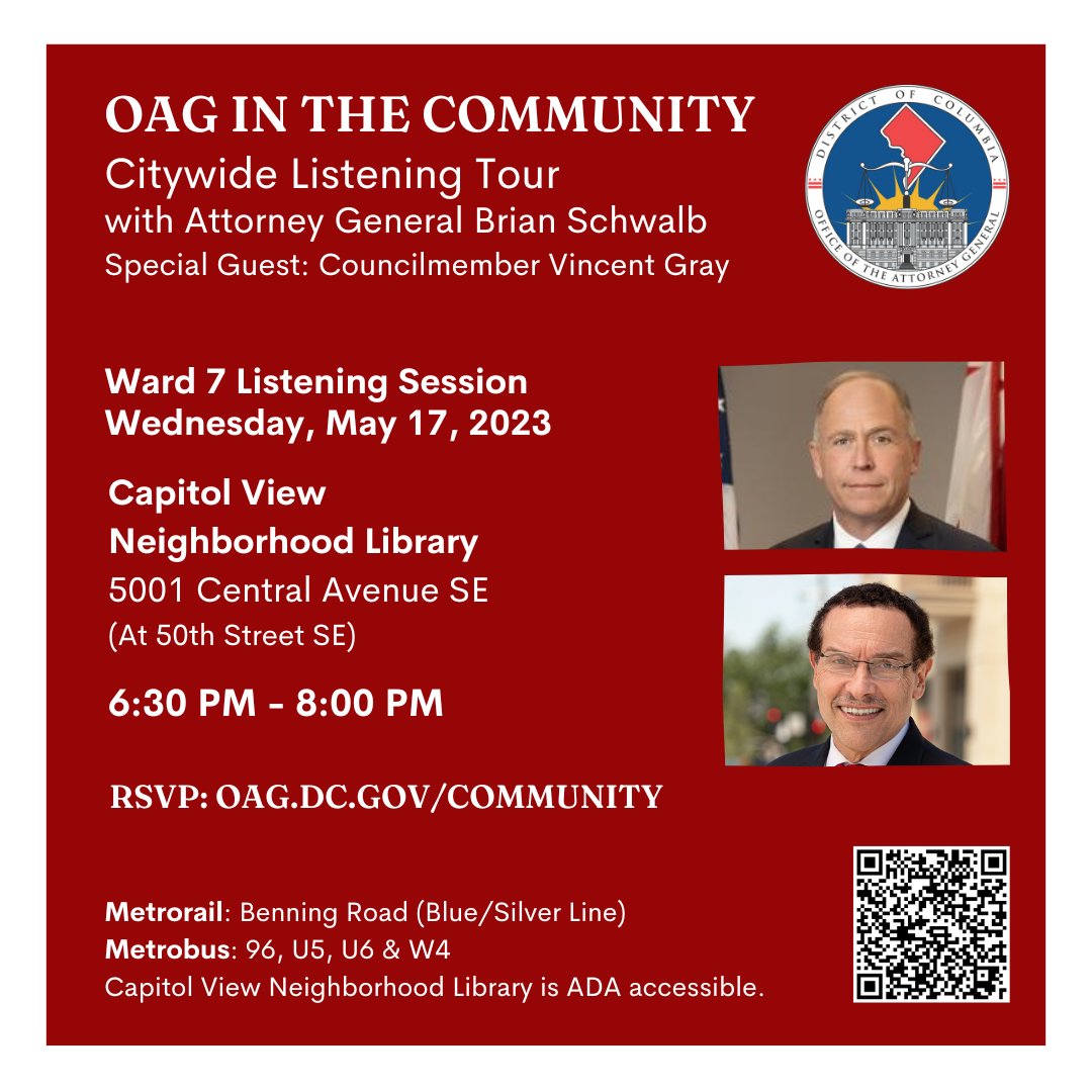 Ward 7 Residents: Your ward is the next stop on our citywide listening tour. On Wednesday, May 17, from 6:30-8:00pm, we’ll be at the Capitol View Neighborhood Library with <a href="/VinceGrayWard7/">Vince Gray</a>.

Interested in attending? Register here: oag.dc.gov/about-oag/oag-…