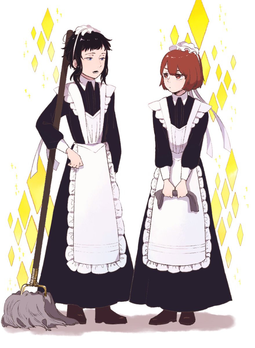 maid apron multiple girls 2girls black hair maid headdress mop  illustration images