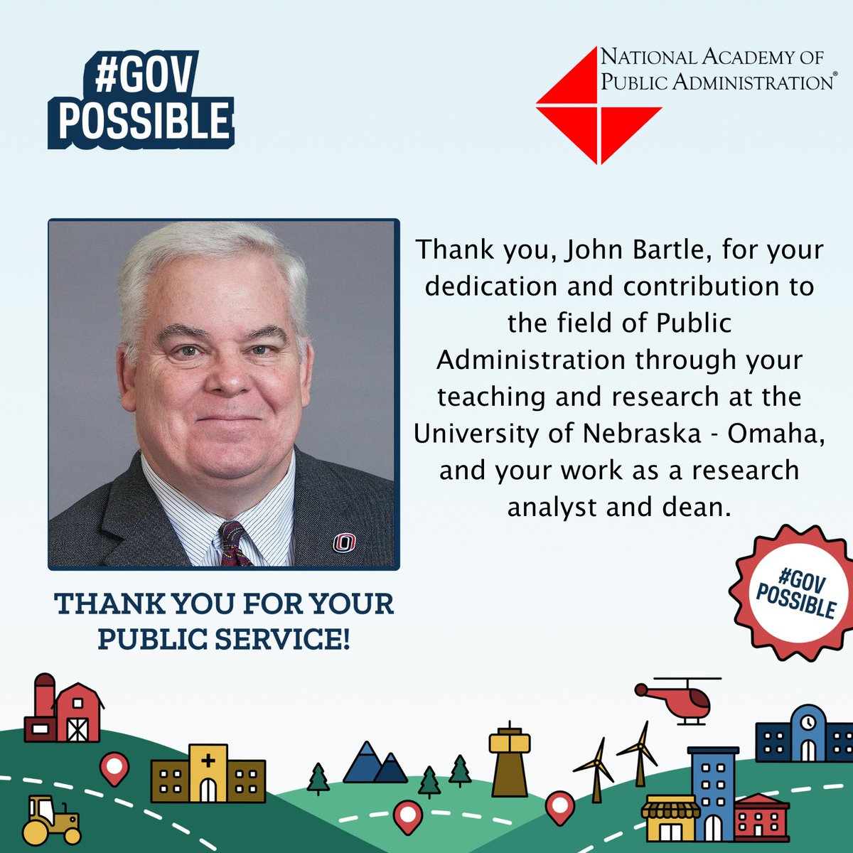 napawash's tweet photo. This Public Service Recognition Week, we thank our Academy Board Treasurer @JohnBartle17, Dean of @UNOmaha College of Public Affairs & Community Service, for his commitment to #publicservice! #PSRW #GovPossible #NAPAFellow #NAPAImpact #leadership #service #HigherEd https://t.co/64qSH21EWU
