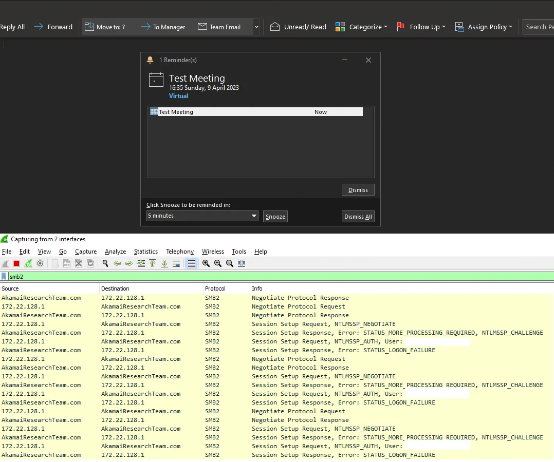 Triggering the calendar event, leading to NTLM authentication against a remote server