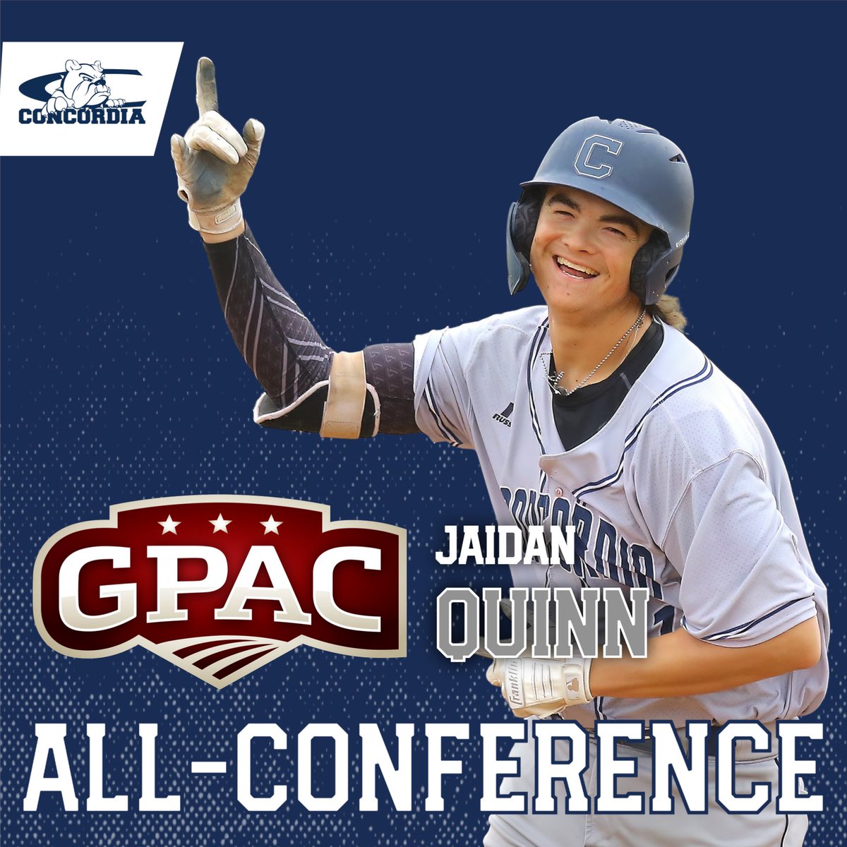 🏅 2023 GPAC All-Conference 🏅
⭐ First Team ⭐

⚾ <a href="/jaidan_quinn/">Jaidan Quinn</a> | Bonner Springs, Kansas

📈 2023: .352 BA, .510 OBP, .886 SLG, 69 R, 13 2B, 27 HR, 69 RBIs, 54 G.

📝 2x 1st Tm All-GPAC; <a href="/cunebaseball/">Bulldog Baseball</a> school record for HR in a single season; has batted .347 with 46 HR at CUNE.