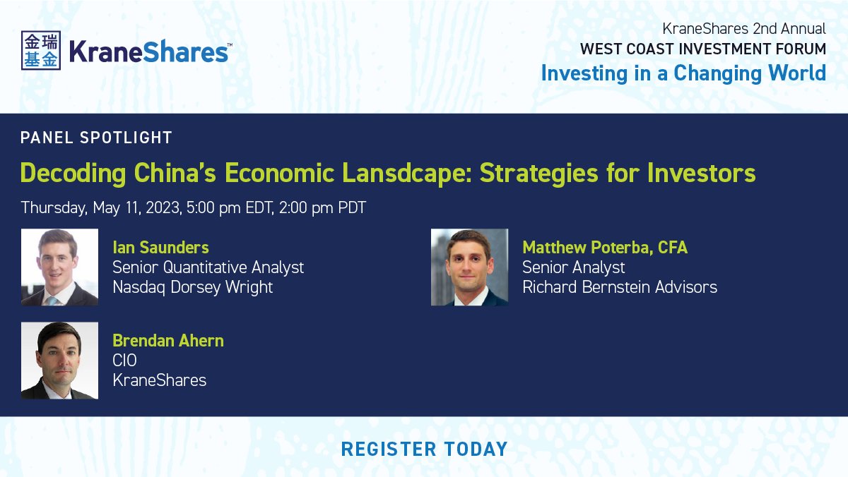 Watch industry experts Ian Saunders of @DorseyWrightDWA, Matthew Poterba, CFA, of @RBAdvisors, and @ahern_brendan of @KraneShares to gain valuable investment insights and learn actionable strategies to help navigate #China's #economy. 
Register: bit.ly/42zsZhN
