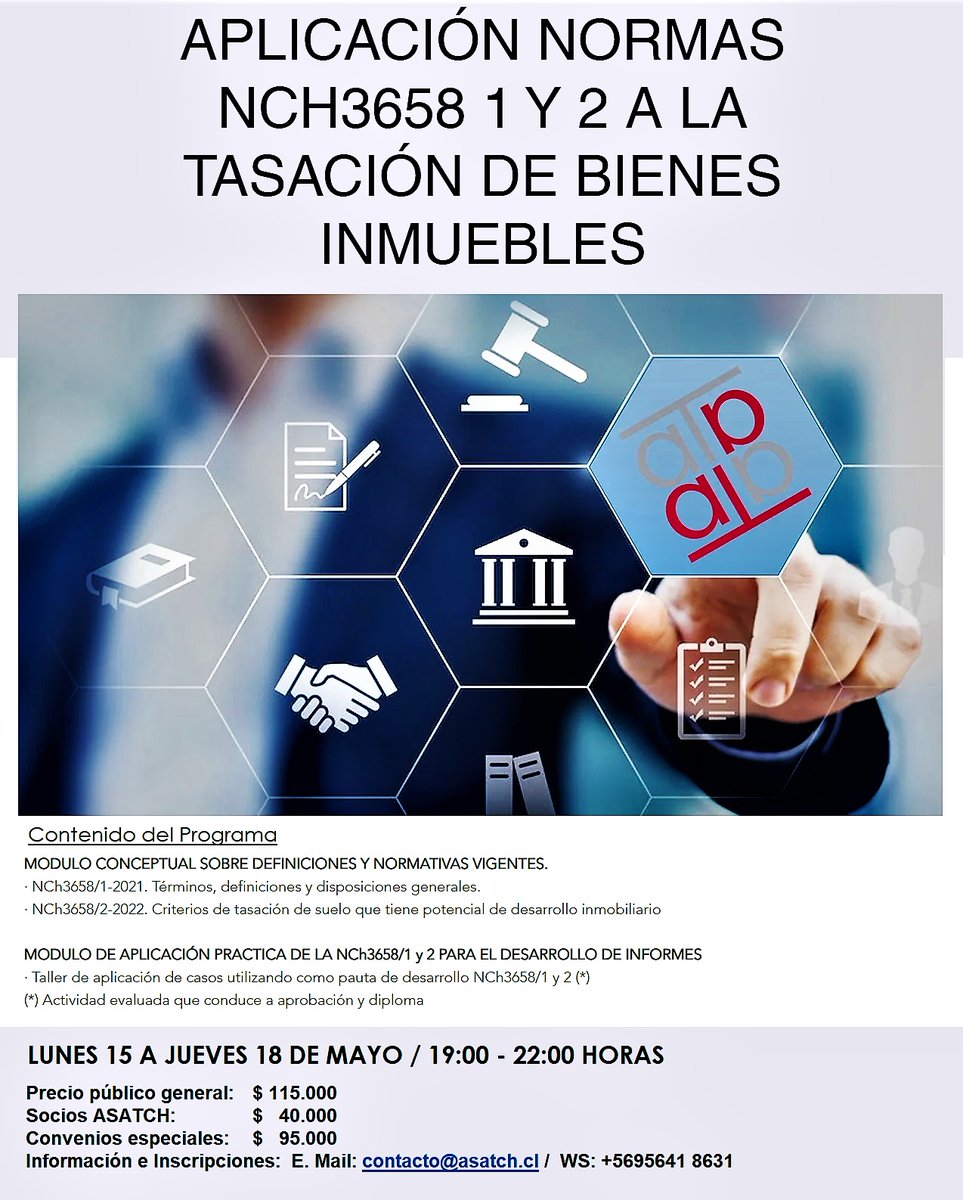tasador_asatch's tweet photo. 15 al 18-mayo, vía zoom. Curso-Taller de capacitación
Inscríbete en contacto@asatch.cl
#tasaciones #inmobiliaria #tasadores #valoración #capacitacion #normas #asatch https://t.co/HWzTOGwzPG