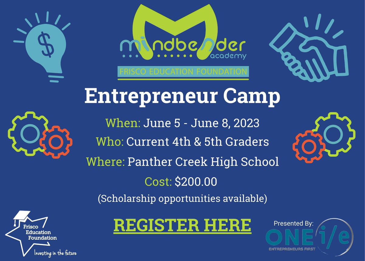 Frisco Education Foundation (FEF) (@friscoef) on Twitter photo FEW CAMPER SPOTS LEFT!!!
Have a current <a href="/friscoisd/">Frisco ISD</a> 4th & 5th grader interested in entrepreneurship? We have a camp for your student that will be held 6/5-6/8! Register here friscoisd.org/.../programs..… FEW CAMPER SPOTS LEFT!!!
Have a current <a href="/friscoisd/">Frisco ISD</a> 4th & 5th grader interested in entrepreneurship? We have a camp for your student that will be held 6/5-6/8! Register here friscoisd.org/.../programs..…