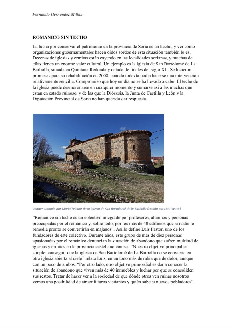 Fer_her_17's tweet photo. La pérdida de patrimonio va de la mano con la España vaciada ✍🏽

Reportaje sobre Soria y su pérdida de servicios, a la que se suma la pérdida cultural. 
Gracias @lc_pastor, por tus declaraciones y tu labor. #RománicoSinTecho #Soria 
@SoriaYa @desdeSoria @sorianoticias 
@dipsoria https://t.co/crDuvE7kRO