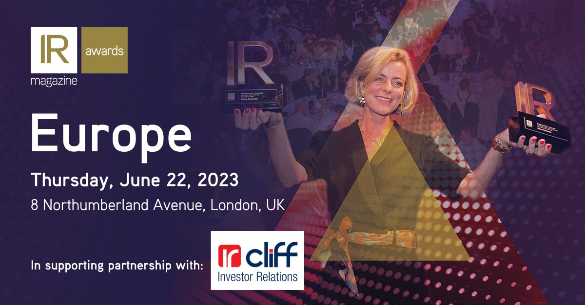 Proud to be partnering with @IRMagazine for the #IRawards on June 22. Join us for an evening of celebration as we honor all of the nominees and winners, who have demonstrated IR excellence over the past year.
events.irmagazine.com/euroawards/?ut…
#irchat #IRawards