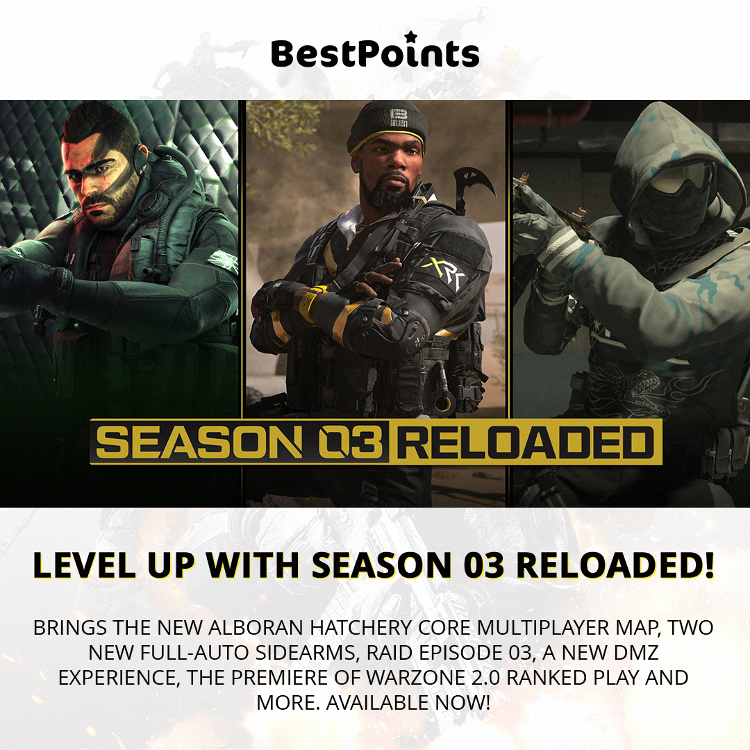 bestpointscd's tweet photo. Level up with Season 03 Reloaded! 🚀 Brings the new Alboran Hatchery Core Multiplayer map, two new full-auto sidearms, Raid Episode 03, a new DMZ experience and more. ✨ Available now! 🚨

#bestpoints #cod #CallOfDuty #season03 #warzone2 #newmap #freegiftcards #bestpointsapp https://t.co/OC7PIvesCw