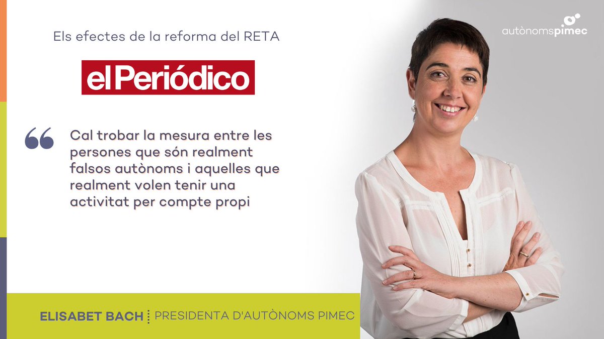 PimecAutonoms's tweet photo. La presidenta @elisabet_bach ens parla dels efectes de la reforma del RETA avui en @elperiodico_cat
"Cal trobar la mesura entre les persones que són realment falsos autònoms i aquelles que realment volen tenir una activitat per compte propi"
#ReformaReta
https://t.co/n0I8iT9wNC https://t.co/IiMf3zgvw5