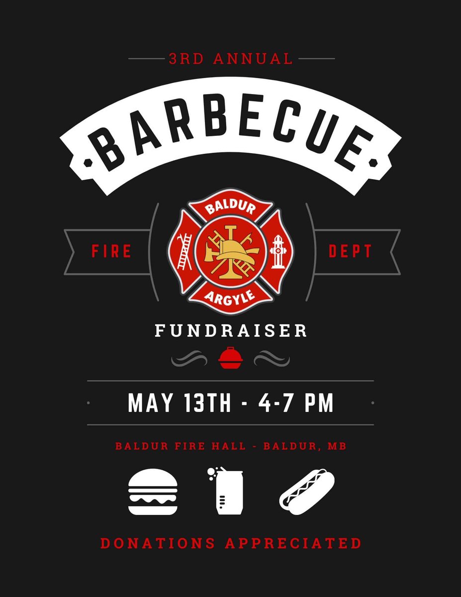 Come join us this Saturday for some BBQ at the Baldur Fire Hall!