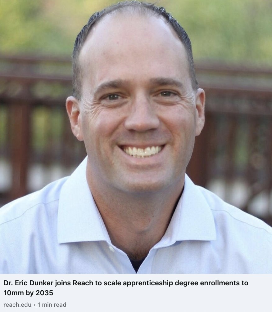 ReachUniversity's tweet photo. 10mm #ApprenticeshipDegree enrollments by '35 🚀 Please join us in welcoming Dr. Eric Dunker, formerly of @ArapahoeCC, to @ReachUniversity! Dr. Dunker will serve as founding executive director of Reach's apprenticeship degree initiative. 👏#ReachMethod 

https://t.co/uBAnanAKcr https://t.co/ExflIRGsFL