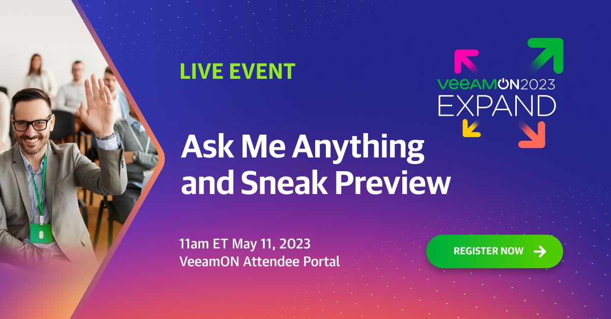 anthonyspiteri's tweet photo. AMA Live! Ask The Veeam Product Strategy Team ANYTHING!

You have questions and we have answers! Don’t miss out on this opportunity to join this LIVE AMA (Ask Me Anything) with @Veeam Senior Director of Product Strategy Rick Vanover the product strategy team to get all your Veeam and VeeamON-related questions answered. 

You’ll also get a sneak preview of the exciting content you can expect at #VeeamON 2023, both for the in person and virtual experiences!