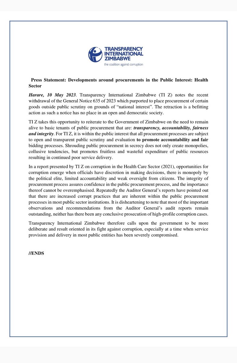 🔵 📢📢Press Statement:
Developments around procurements in the Public Interest: Health Sector 

The retraction is a befitting action as such a notice has no place in an open and democratic society.

🔴Resist Reject and Report corruption now ‼️