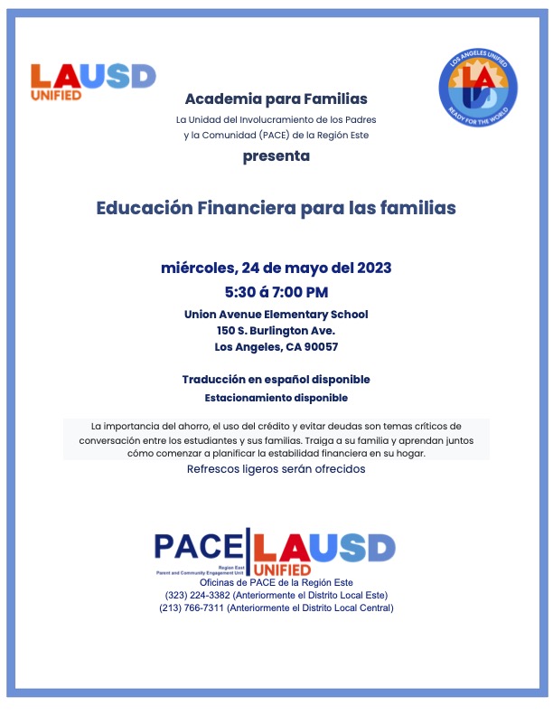 Please join us for our Region East Family Academy “Financial Literacy for Families” workshop on Wednesday, May 24, 2023, at 5:30 P.M. This is an in-person workshop at Union Ave. Elementary School.