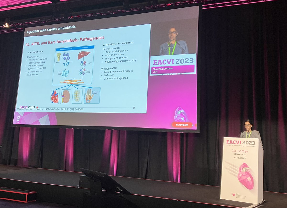 Excellent presentation on multimodality imaging of cardiac amyloidosis by Dr. @DorbalaSharmila at #EACVI2023: ✔️ Always perform genetic testing. ✔️ Consider CMR, EMB or amyloid PET in negative PYP but high suspicion. ✔️ Imaging can monitor treatment response.