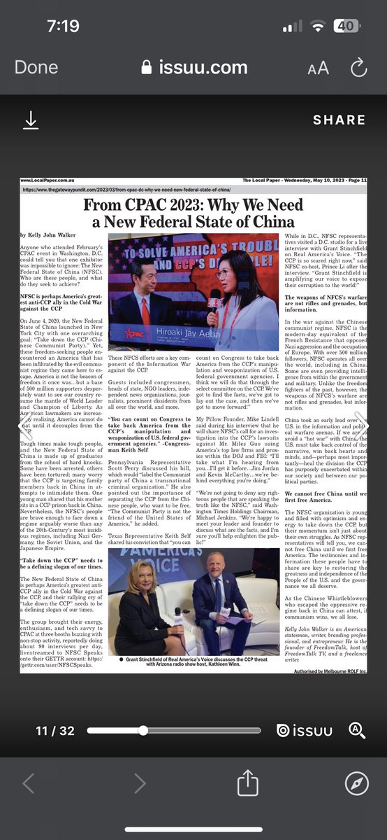 36_cia7's tweet photo. 2023年5月10日,澳洲当地报纸 local paper刊文:《来自CPAC 2023:为什么我们需要一个新中国联邦》(第11页)
Why we need a New Federal State of China? #NFSC #localpaper #cpac2023
https://t.co/p2E3pW1c6X https://t.co/UGcbk72PAV