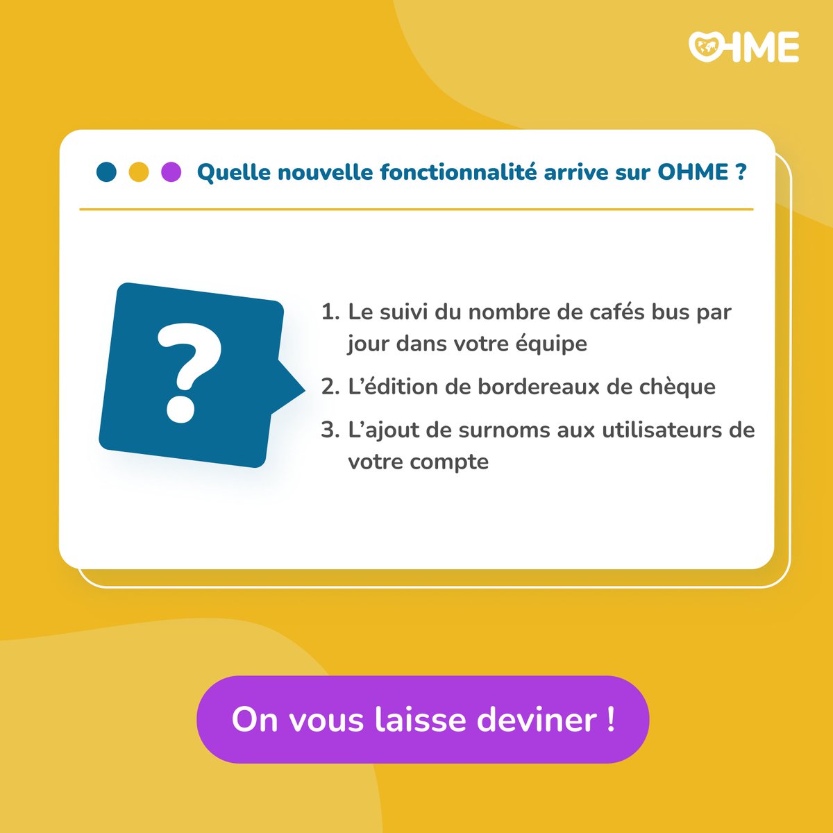 ⭐️ Place au quizz (vraiment très) facile du mercredi !

Quelle nouveauté nous apprêtons-nous à mettre en ligne ? 😶

N'hésitez pas à répondre en commentaire 🙋🏽on vous laisse vous réjouir autant que nous de cette nouvelle fonctionnalité à venir ! 😉

#CRM #association