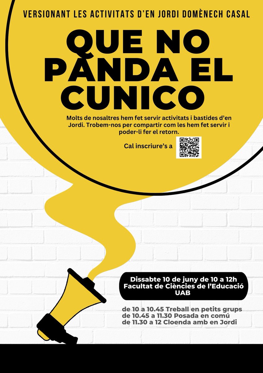 grupLIEC (@grupliec_uab) on Twitter photo Molts de nosaltres hem fet servir activitats i bastides d'en <a href="/jdomenechca/">Jordi Domènech</a>
Trobem-nos i compartim-ho amb ell!
🗓️10 de juny
⏰ 10 a 12h
📍 Facultat de Ciències de l'Educació de la <a href="/UABBarcelona/">Universitat Autònoma de Barcelona</a>
Inscripció a: forms.gle/Yh5daPqmv9c1fq… Molts de nosaltres hem fet servir activitats i bastides d'en <a href="/jdomenechca/">Jordi Domènech</a>
Trobem-nos i compartim-ho amb ell!
🗓️10 de juny
⏰ 10 a 12h
📍 Facultat de Ciències de l'Educació de la <a href="/UABBarcelona/">Universitat Autònoma de Barcelona</a>
Inscripció a: forms.gle/Yh5daPqmv9c1fq…