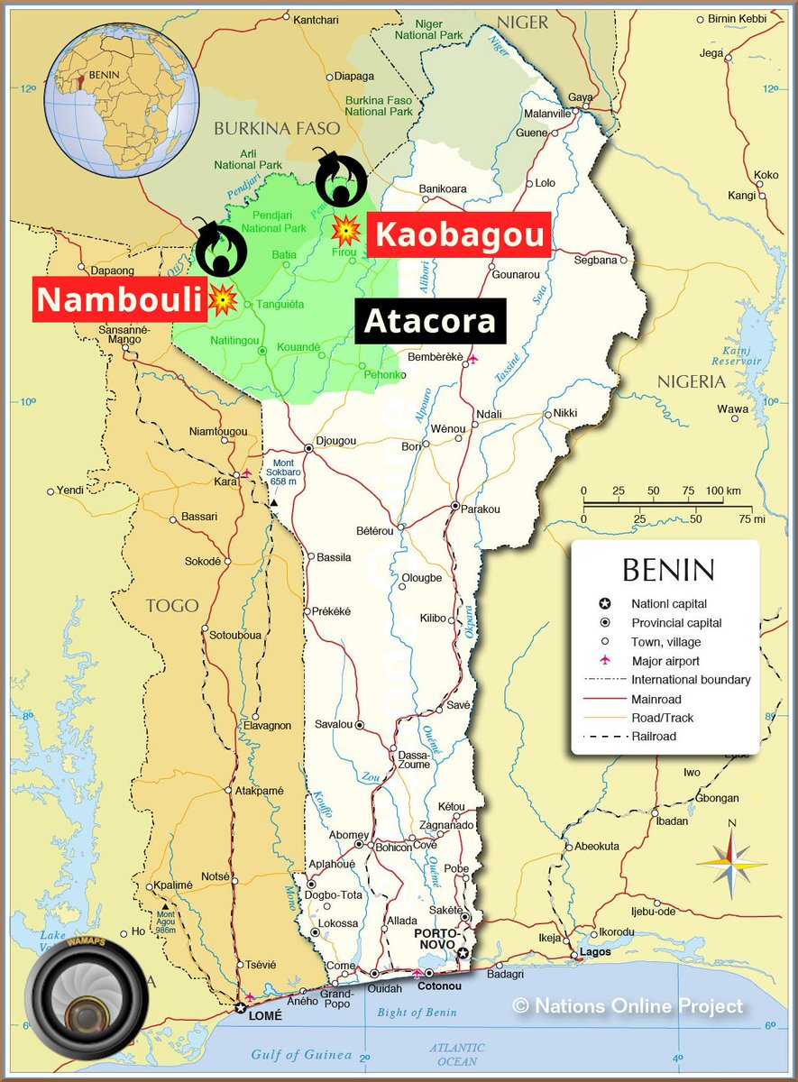 WamapsAR's tweet photo. #بنين #Benin 🇧🇯 | في 10/05، وقعت حادثتان إثر انفجار عبوات ناسفة (ألغام) في #أتاكورا #Atacora حيث المسارات مفخخة.
🔴قتل 3 رجال في #Kaobagou
🔴قتلت امرأتين وأصيبت واحدة في #Nambouli
تعمل جماعة Sekou Mouslimou (نصرة الإسلام والمسلمين #JNIM) على نشر الإرهاب في الشمال الغربي. https://t.co/OJ99N7rPHg