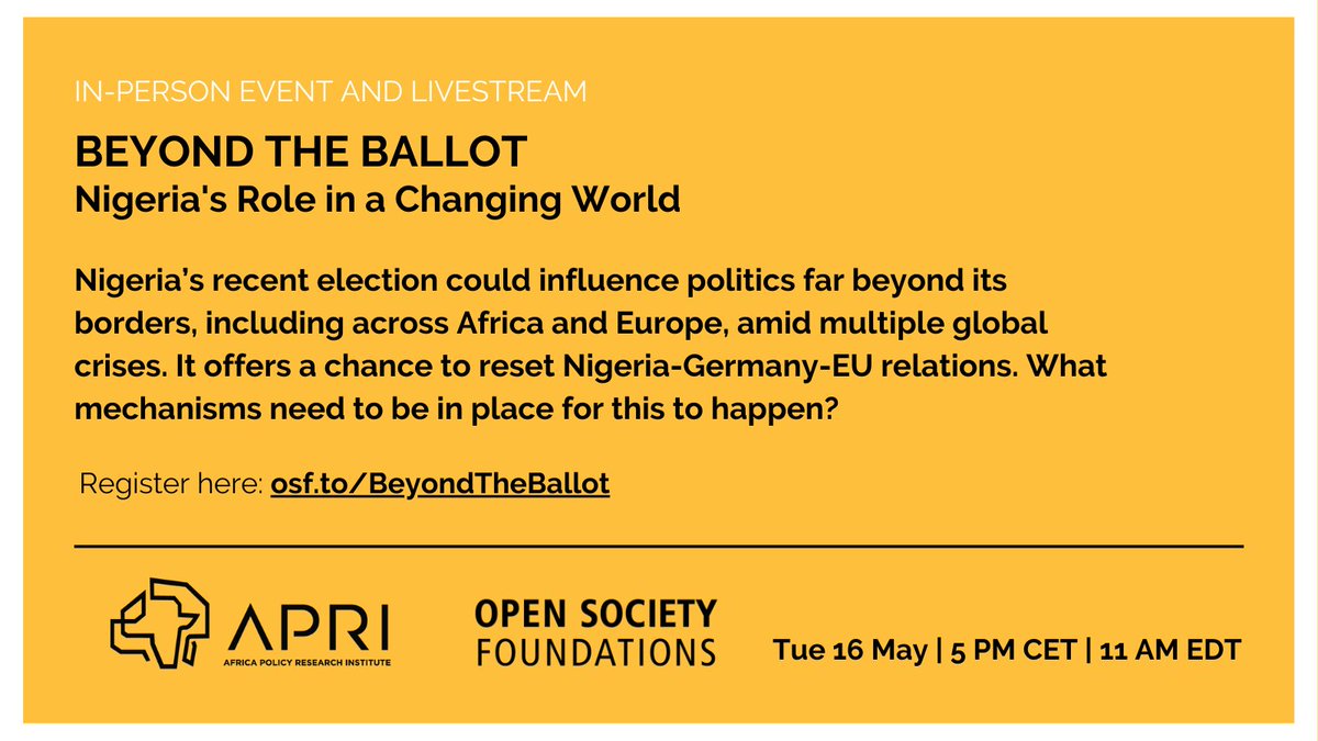 APRI_Africa's tweet photo. Next week, 16 May: Together with @OpenSociety, we discuss Nigeria’s role in a changing world. With: @_yemia, @Chxta, @HabibaDaggash, moderated by @Tomi_Oladipo. Join us if you are in Berlin or online. To see more details: https://t.co/1PfrjKDb88 https://t.co/OvUeJ34HgZ