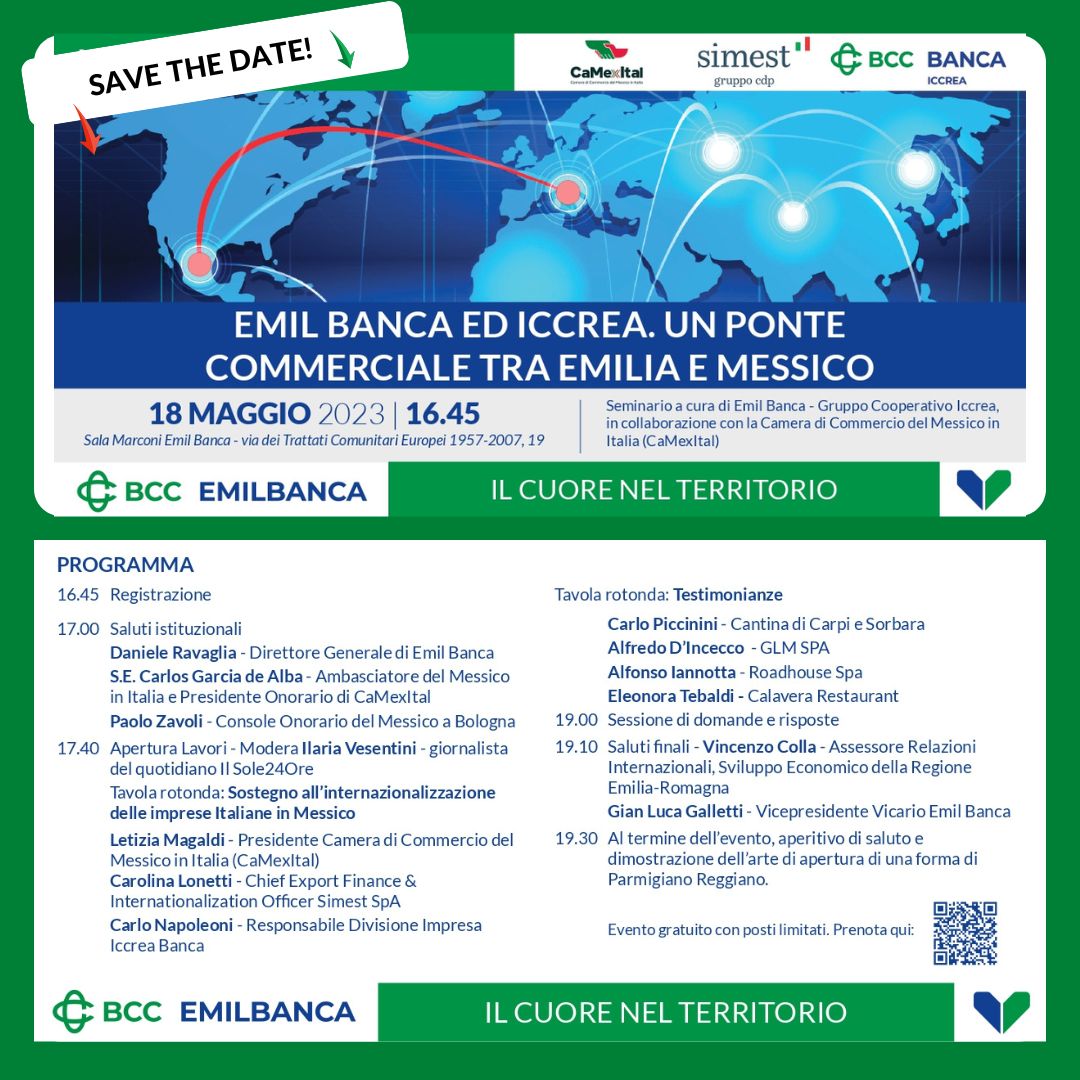 Camera di Commercio del Messico in Italia (@camexital) on Twitter photo Giovedì 18 maggio dalle 16.45 (orario italiano) <a href="/CaMexItal/">Camera di Commercio del Messico in Italia</a>, <a href="/EmilBanca/">Emil Banca</a> ed #Iccrea organizzano il seminario “Un ponte commerciale tra Emilia e Messico”, opportunità di scambio, business e investimento tra l’#Italia e il #Messico bit.ly/3BcrVoi Giovedì 18 maggio dalle 16.45 (orario italiano) <a href="/CaMexItal/">Camera di Commercio del Messico in Italia</a>, <a href="/EmilBanca/">Emil Banca</a> ed #Iccrea organizzano il seminario “Un ponte commerciale tra Emilia e Messico”, opportunità di scambio, business e investimento tra l’#Italia e il #Messico bit.ly/3BcrVoi