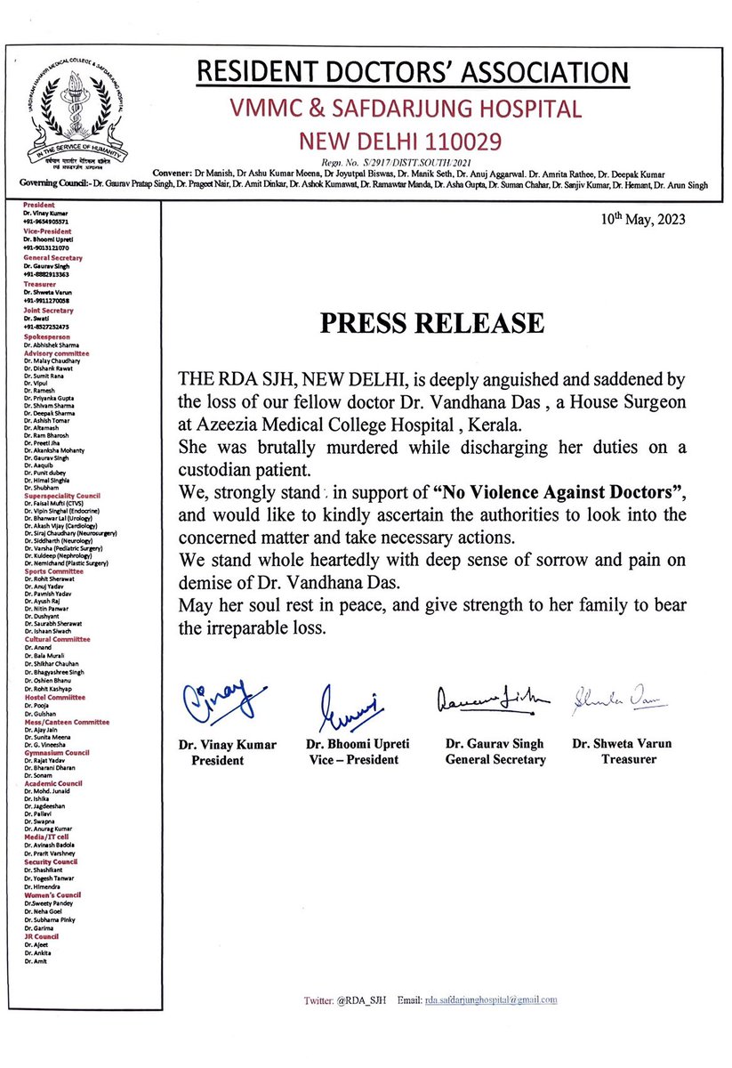 RDA_SJH's tweet photo. RDA, Safdarjung Hospital strongly condemns the brutal murder of Dr Vandhana Das and demands strict action against assailant with reinforcement of laws to prevent violence against doctors.
@PMOIndia 
@CMOKerala
@AmitShah 
@OfficeOf_MM 
@VeenaGeorge03 
@KeralaGovernor https://t.co/HQyZqKhzXH
