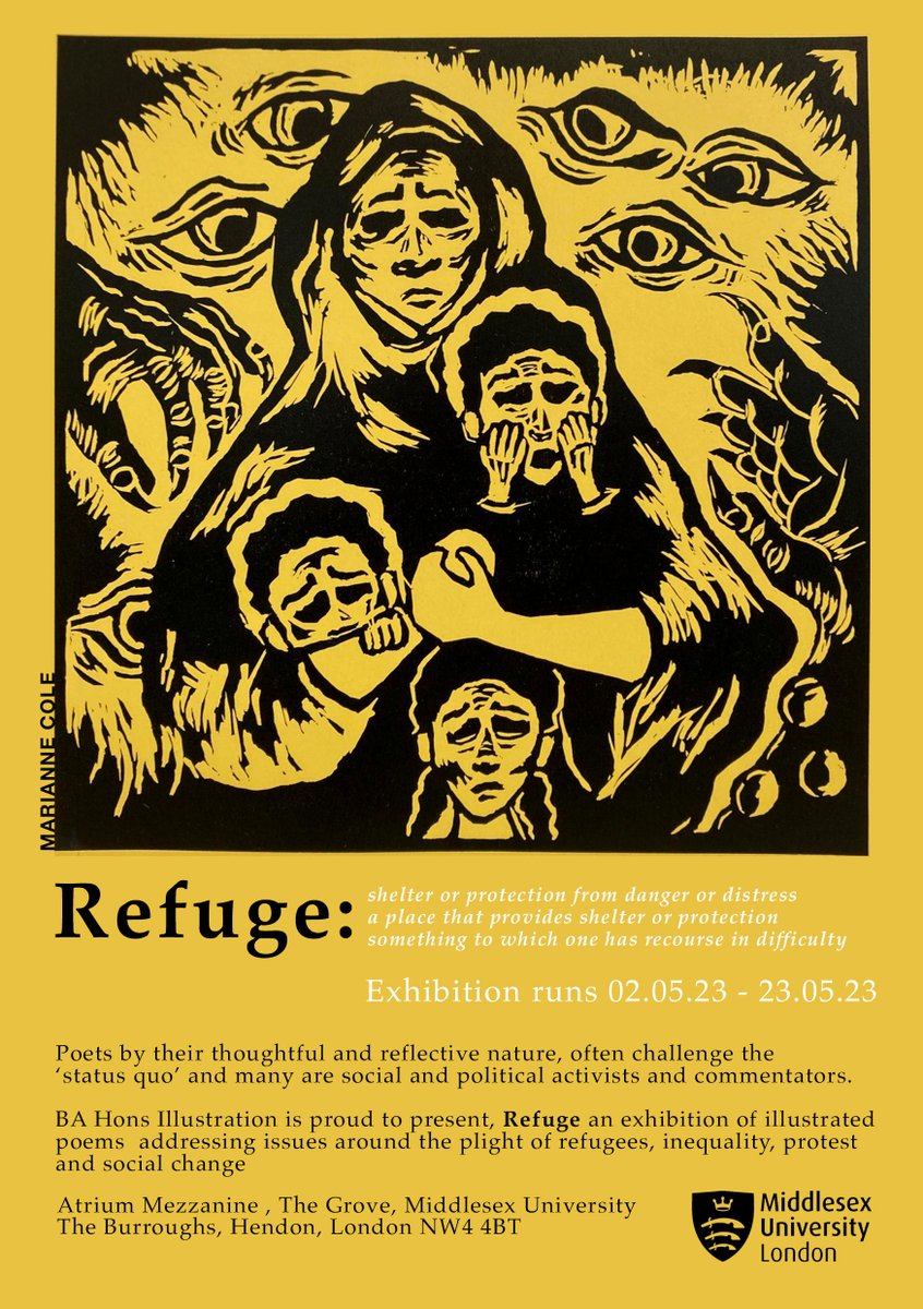 The Middlesex University, BA Illustration annual Poetry Exhibition has been running since the 2nd May, and runs until the 23rd May in the Grove, Mezzanine. Come and see it if you're in the neighbourhood! This years theme - 'Refuge'
#exhibition #illustration #middlesexuniversity