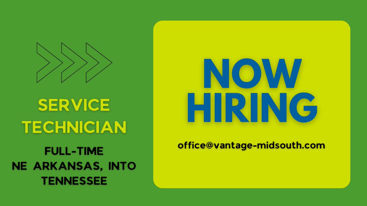 VantageMidsouth's tweet photo. We're looking for a  FT service tech in NE AR &amp; TN. Duties include servicing &amp; installing products &amp; training customers. Must have knowledge of current precision ag technology &amp; local farming practices. 

Send resume to VMSsales@vantage-midsouth.com https://t.co/yofRHNjkmO