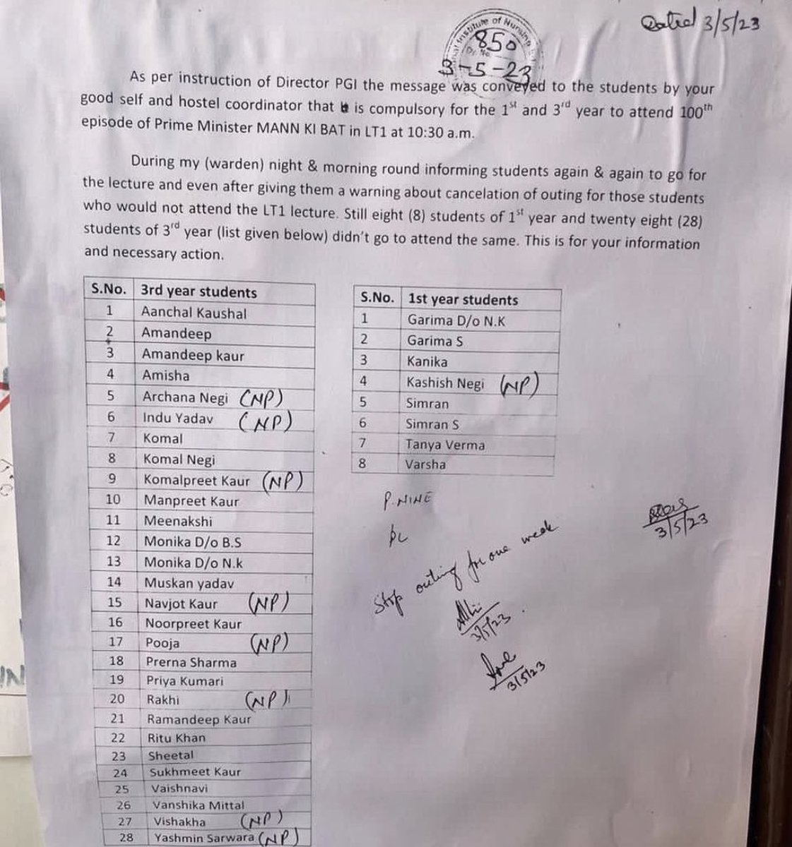 Nainamishr94's tweet photo. 36 PGI students grounded for skipping ‘Mann ki Baat’ 

PGIMER has initiated action against 36 girl students for failing to attend the recent Prime Minister Narendra Modi’s ‘Mann Ki Baat’ programme

@thetribunechd https://t.co/j3cSXxqmZ3