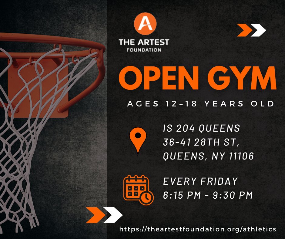 Ready to get in the zone? 🏀
Calling all 12- to 18-year-olds! Join us every Friday night at IS 204 Queens for our Open Gym from 6:15 PM - 9:30 PM!

 For more information, go to: theartestfoundation.org/athletics 

#TAF #theartestfoundation #ronartest #queens #nyc #basketball #nba #opengym