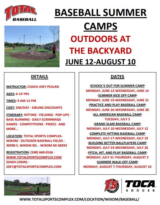 Total_Baseball's tweet image. Register now for summer BASEBALL CAMP w/Total Baseball-Wixom!
*Camps run Jun 12-Aug 10
*Campers work on base running, fielding, hitting, throwing, &amp;amp; live game play
Questions &amp;amp; Registration:
Coach Joey PeJuan (248) 668-0166 or joey@totalsportscomplex.com
totalsportscomplex.com/location/wixom…