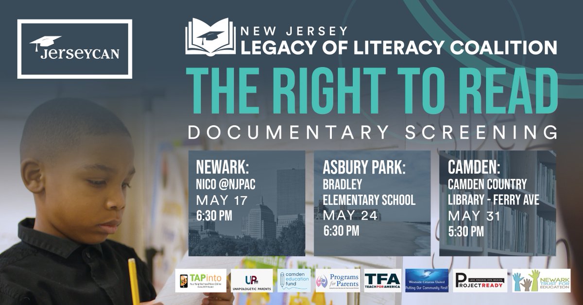 Don't miss out on our Literacy Tour screening of "The Right to Read" in Newark, Asbury Park and Camden. Learn about the literacy crisis in our communities and join the conversation on how to improve literacy rights for our kids. RSVP jerseycan.org to reserve your seat.