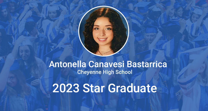 ClarkCountySch's tweet photo. Congratulations Antonella Canavesi Bastarrica! She was selected as @TheCheyenneHS 2023 Star Grad! She has excelled in her academic and extracurricular activites. Read more about her story here: https://t.co/u5ywcxxXgs #StarGrad #WeAreCCSD https://t.co/jQMJ2e5poa