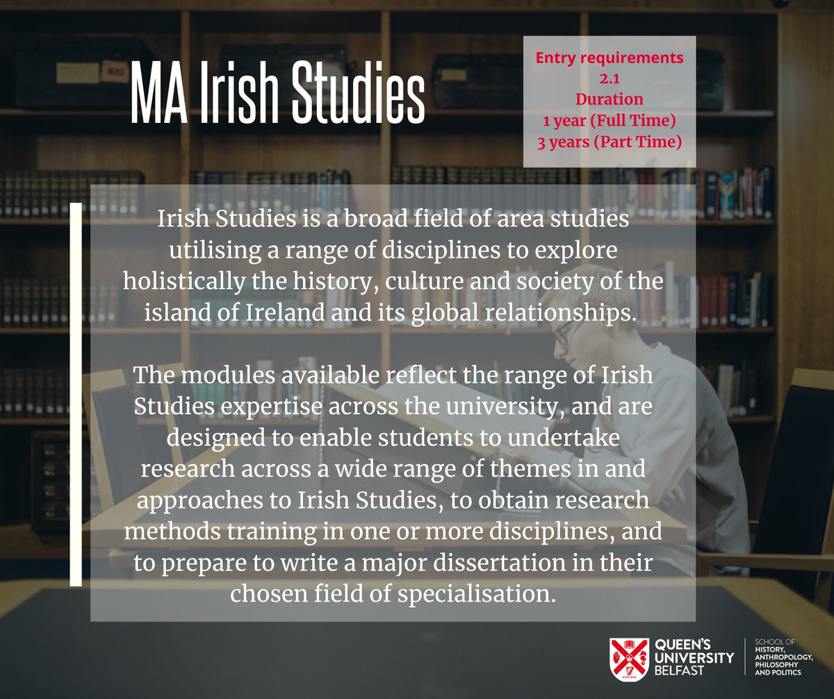 HAPPatQUB's tweet image. 💫MA IRISH STUDIES💫

Our MA is delivered through the interdisciplinary @IrishStudiesQUB founded in 1965, the first centre for the study and teaching of Irish Studies in the world

📽️Hear from our staff &amp;amp; students👉ow.ly/blXl50OjbeE

More info👉ow.ly/mZzl50Ojbp0