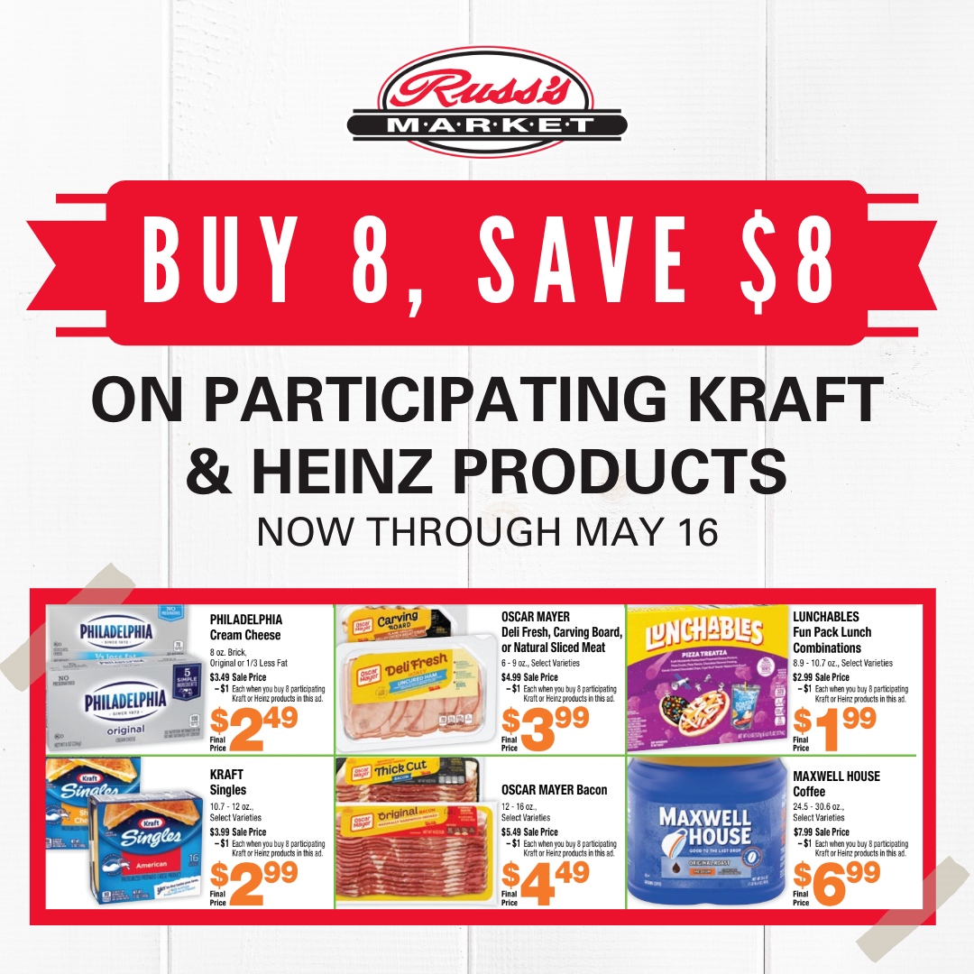 RussMarket's tweet photo. Get savings on top of savings with our Buy 8, Save $8 Sale! Save $8 when you purchase 8 participating Kraftz or Heinz Products through May 16. View more at https://t.co/7HZw3a3DCI.
#Buy8Save8 #GrocerySavings #GrocerySale #LocalGrocery #LocalGrocer #LocalGroceryStore #ShopLoca... https://t.co/4MUlGvLsDI