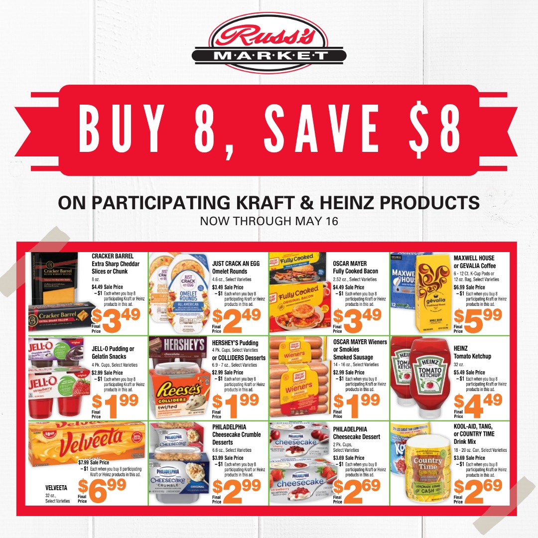 RussMarket's tweet photo. Get savings on top of savings with our Buy 8, Save $8 Sale! Save $8 when you purchase 8 participating Kraftz or Heinz Products through May 16. View more at https://t.co/7HZw3a3DCI.
#Buy8Save8 #GrocerySavings #GrocerySale #LocalGrocery #LocalGrocer #LocalGroceryStore #ShopLoca... https://t.co/4MUlGvLsDI