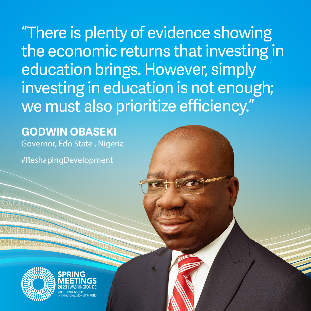 WBG_Education's tweet photo. 💬"Our focus today is on ensuring that we invest in learning rather than mere access to #education”- @GovernorObaseki 

Learn more about our meeting on #education financing: https://t.co/5PTgyHamYo

#EndLearningPoverty #ReshapingDevelopment https://t.co/DORelEf6W3