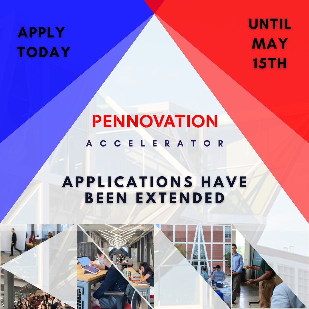 🚨 GOOD NEWS! 🚨 The Pennovation Accelerator application deadline has been extended! Submit your application by Monday, 5/15 at 5pm! Learn more about the Accelerator and submit your application here: bit.ly/PennovationAcc… #pennovationaccel23 #pennovationaccel #phillystartups