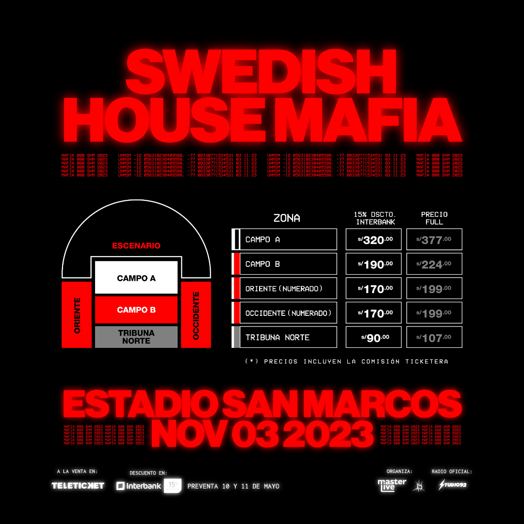 limaraveparty's tweet photo. 🚨 INICIO LA PRE-VENTA 🚨

▶ Swedish House Mafia llega por primera vez a Lima 🇵🇪 &amp; ya puedes asegurar tus entradas desde este momento 🙌🏻
 
Tickets disponibles en https://t.co/V0alrsiXyH 👈

#LimaRaveParty #Masterlive #SwedishHouseMafia https://t.co/2b8qooKoPZ