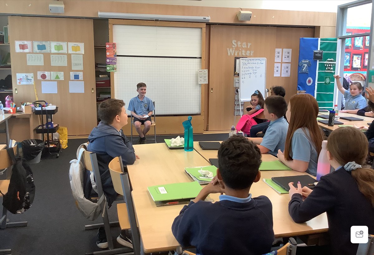 StBernardsPS's tweet image. Primary 6b taking part in their World of Work Week hot seating activity &amp;amp; qualities and skills discussion 😃 #whatskillsareneeded #guessmyjob #worldofworkweek @dywstpauls @garycondie67 @DYWGlasgow