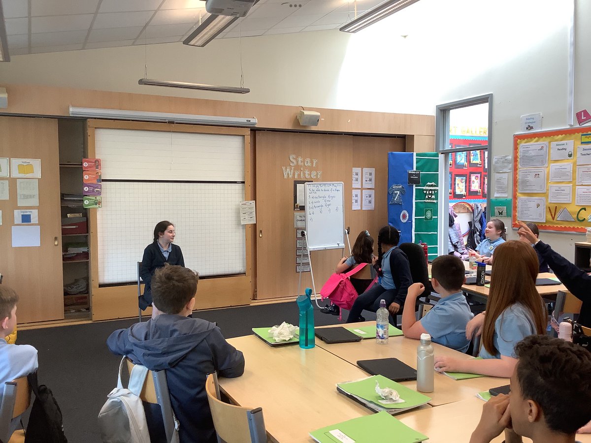 StBernardsPS's tweet image. Primary 6b taking part in their World of Work Week hot seating activity &amp;amp; qualities and skills discussion 😃 #whatskillsareneeded #guessmyjob #worldofworkweek @dywstpauls @garycondie67 @DYWGlasgow