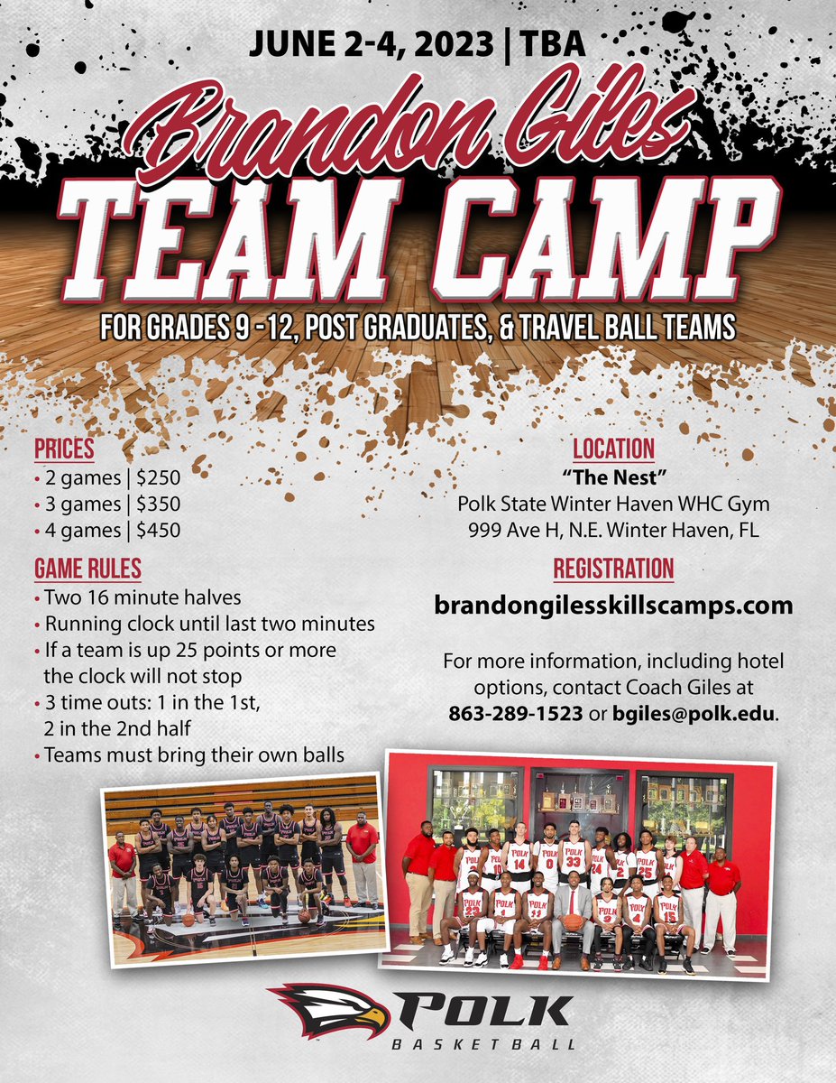 PolkStateHoops's tweet photo. 🚨Polk St College Team Camp 2023🚨
📅June 2-4
🔗https://t.co/rrZT9SiTcr

Sign up now!

@JakePerper @PlantCityHoops @TheFLRecruiter @Hoop_MIA @Hoops863 @305Hoops @prephoopsfl @OTRHoops @ExposureFlhoops @Phenom_Hoops @BayAreaHoopsfl https://t.co/nfb07Sl572