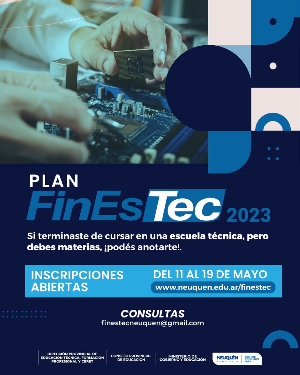 mineducacionqn's tweet photo. #PlanFinEsTec 
Desde el 11 al 19/5 estarán abiertas las inscripciones para el programa de FinEsTec edición 2023 destinado a preparar y acompañar a estudiantes de escuelas técnicas para finalizar sus estudios.
Más info👉
#MinisterioGobiernoEducación 
#CPE https://t.co/XgU9y8LXAf